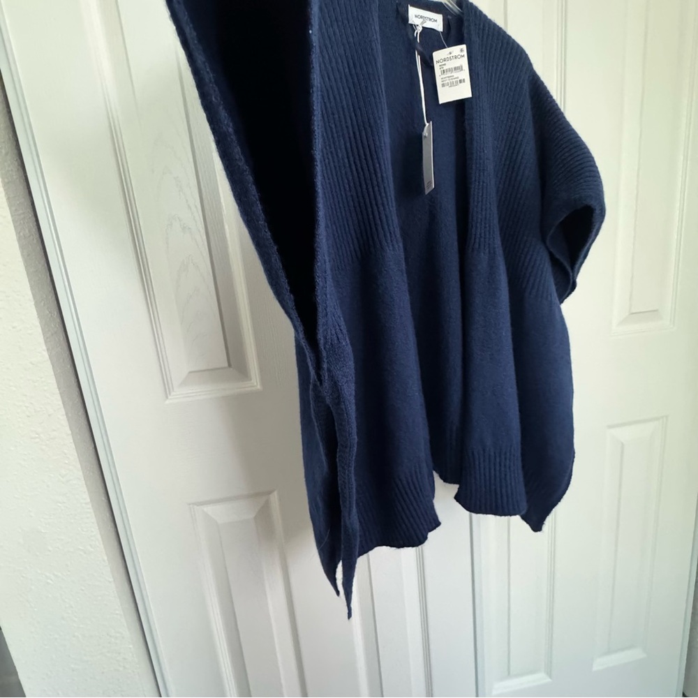 Nordstrom Ribbed Blue Stretch Polyester Blend Ruana Poncho Size OS New - Picture 6 of 15
